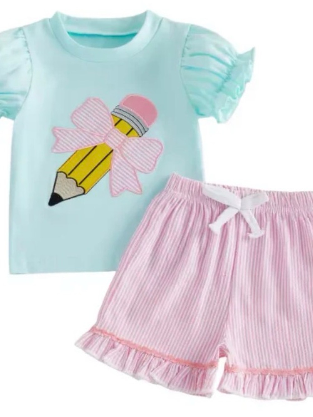 Girl's Light Aqua Top & Pink Striped Shorts Set - Pencil Applique